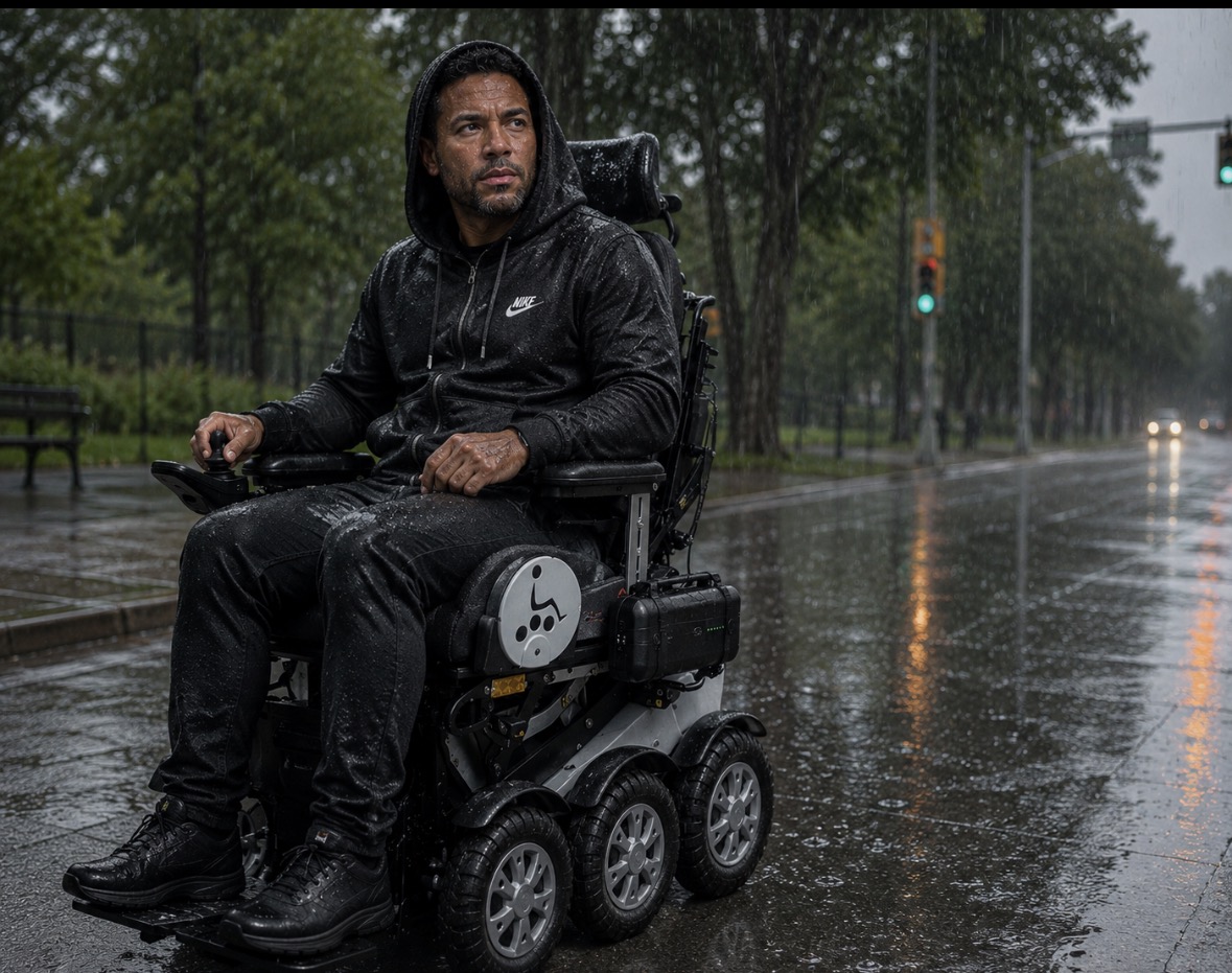 Personne en fauteuil roulant électrique équipé de la batterie externe CEGALS, sous la pluie