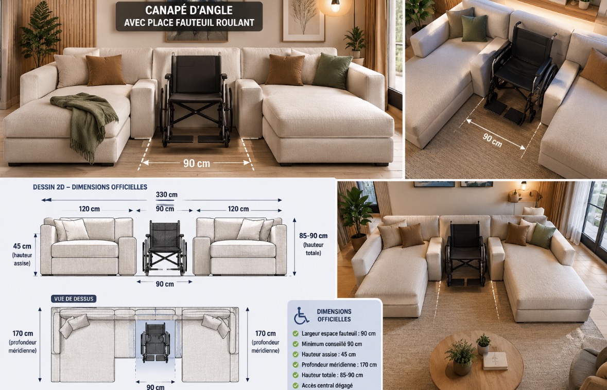 Canapé d'angle CEGALS avec fauteuil roulant en place et plan coté des dimensions officielles