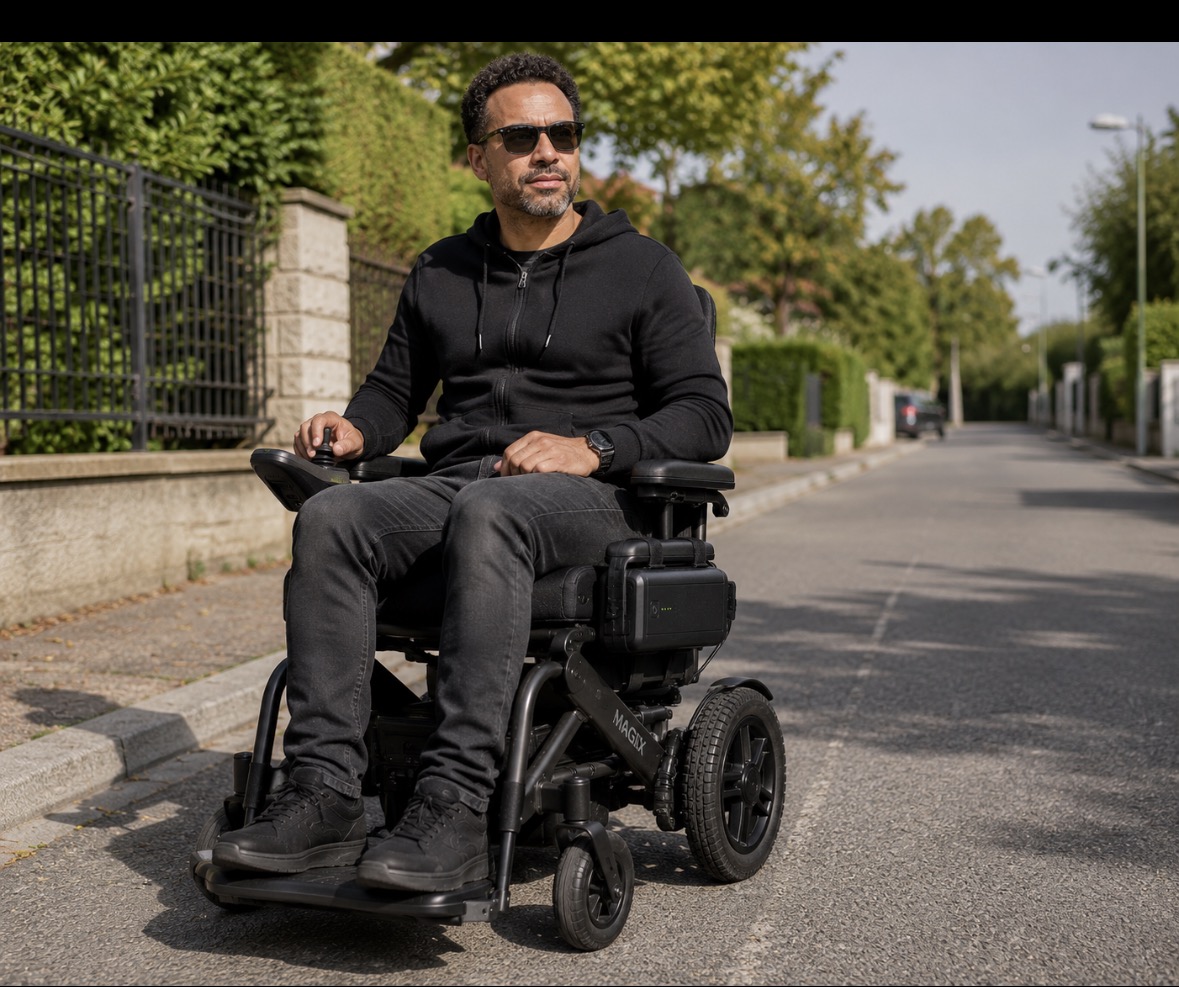 Personne en fauteuil roulant électrique avec batterie externe CEGALS, en milieu urbain