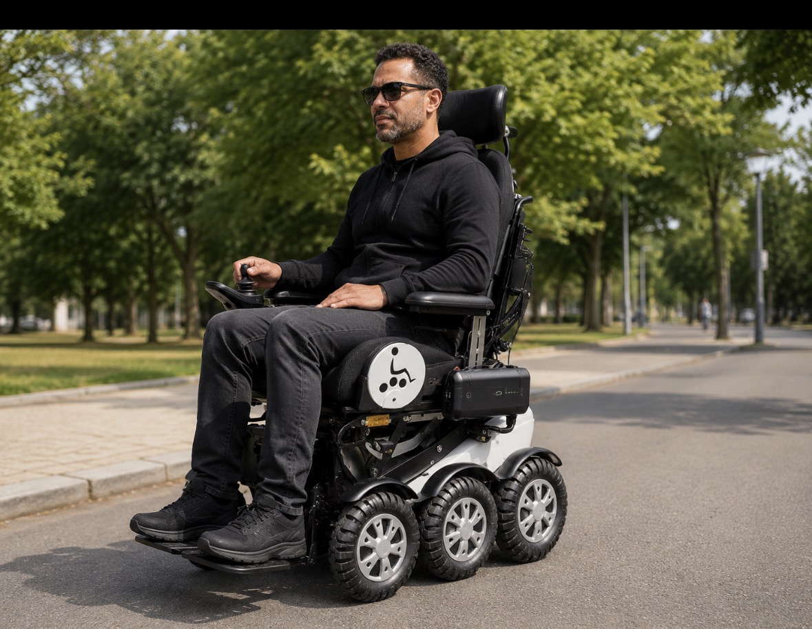 Personne en fauteuil roulant électrique avec batterie externe CEGALS, dans un parc
