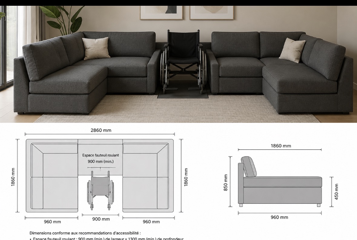 Canapé CEGALS gris anthracite avec emplacement fauteuil et schémas de dimensions (2860 mm × 1860 mm)